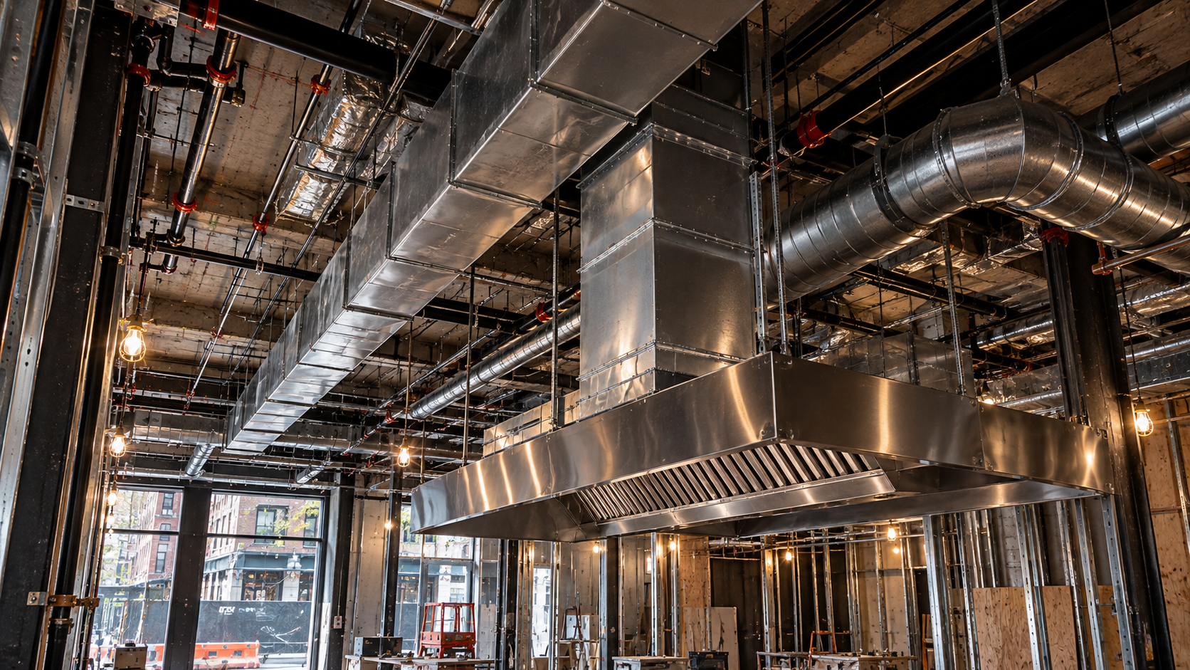 Commercial restaurant kitchen exhaust and mechanical ductwork during construction