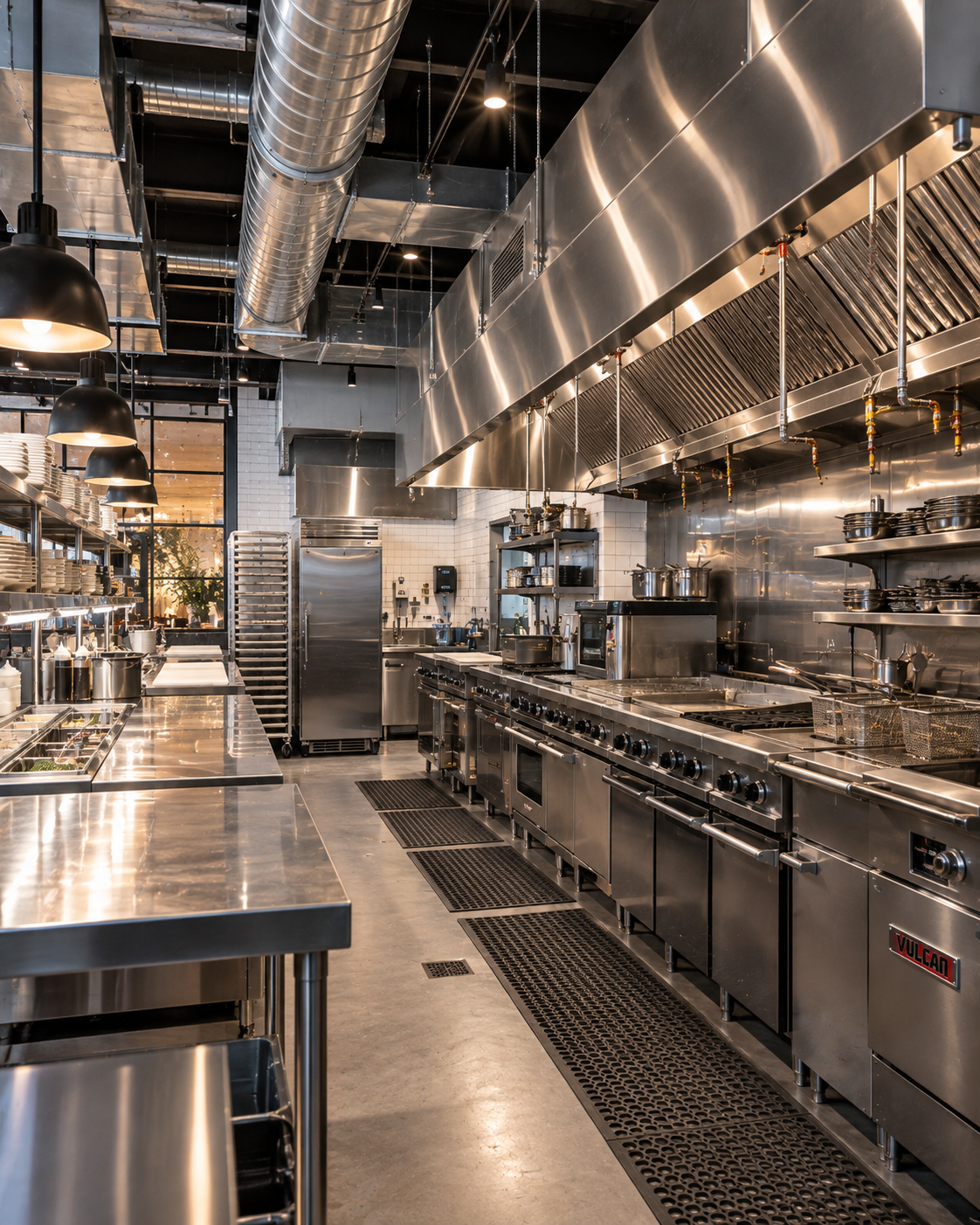 Completed commercial restaurant kitchen with cooking line hood and stainless steel equipment