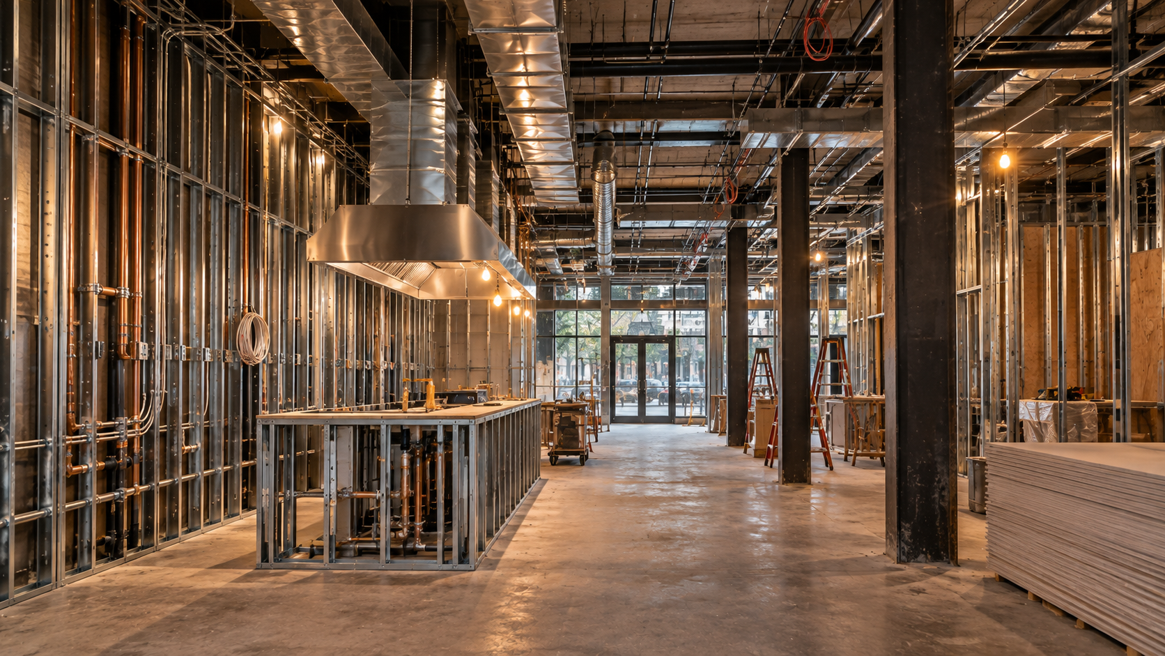 Restaurant interior under construction showing framing mechanical systems and ductwork