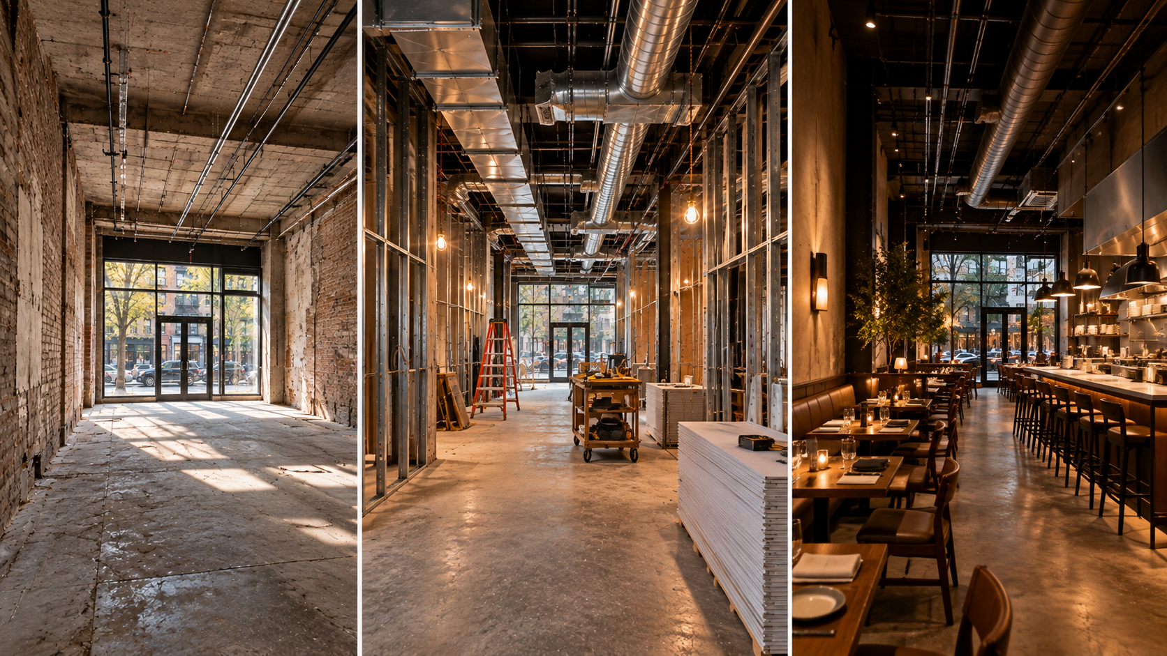 Restaurant transformation showing existing space construction and completed restaurant